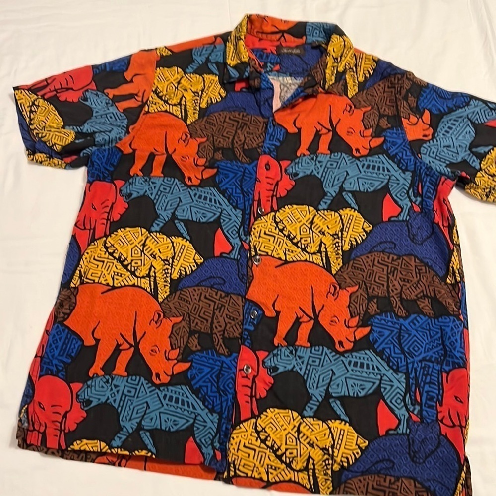 Tasso Elba Mens Large Safari Animal Print Silk Blend Short Sleeve Shirt Multi